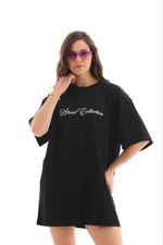 Kadın Kısa Kol Yazlık Tişört Bisiklet Yaka Baskılı Oversize T-Shirt - Siyah