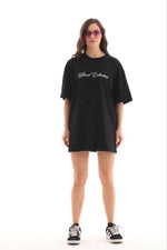 Kadın Kısa Kol Yazlık Tişört Bisiklet Yaka Baskılı Oversize T-Shirt - Siyah