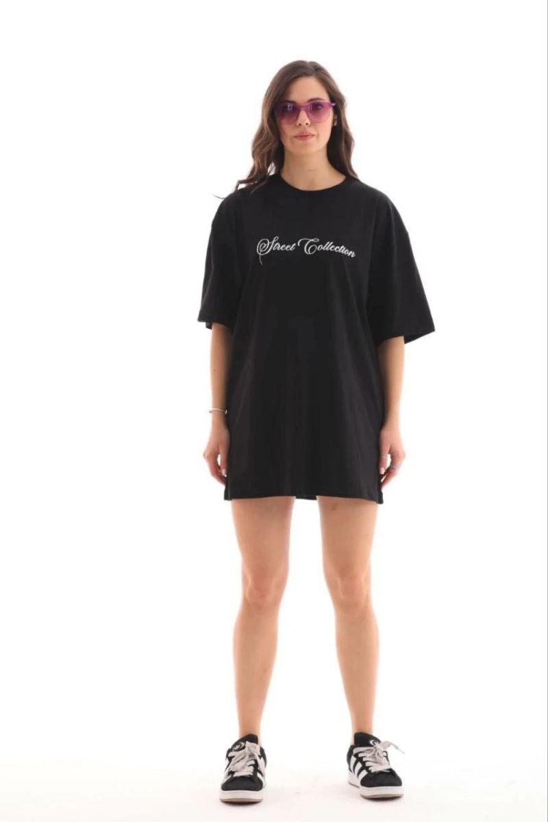 Kadın Kısa Kol Yazlık Tişört Bisiklet Yaka Baskılı Oversize T-Shirt - Siyah