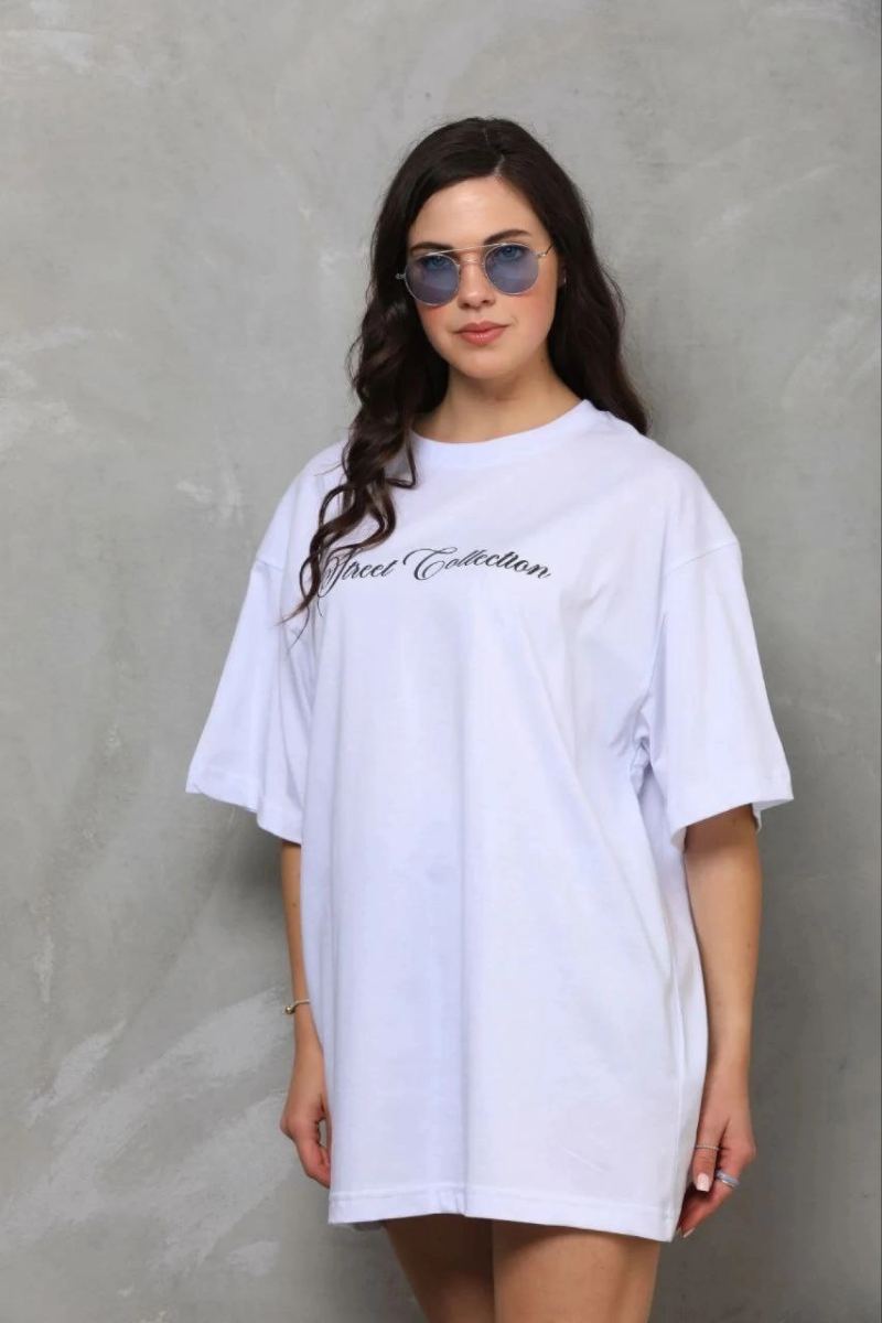 Kadın Kısa Kol Yazlık Tişört Bisiklet Yaka Baskılı Oversize T-Shirt - Beyaz