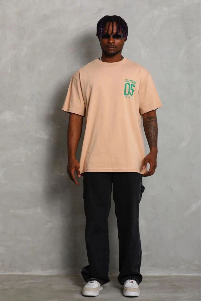 Erkek Baskılı T-Shirt Kısa Kol Bisiklet Yaka Regular Fit Tişört - Bej