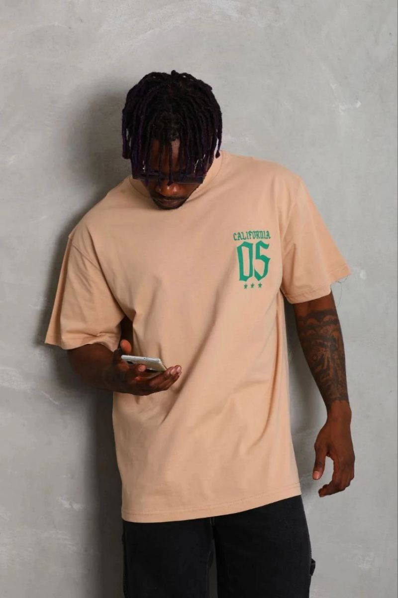 Erkek Baskılı T-Shirt Kısa Kol Bisiklet Yaka Regular Fit Tişört - Bej