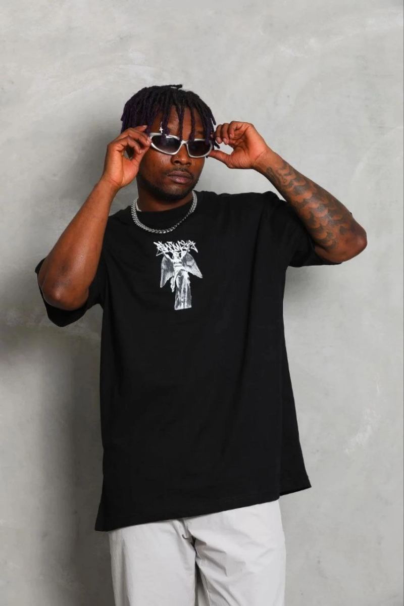 Erkek Baskılı T-Shirt Kısa Kol Bisiklet Yaka Regular Fit Tişört - Siyah
