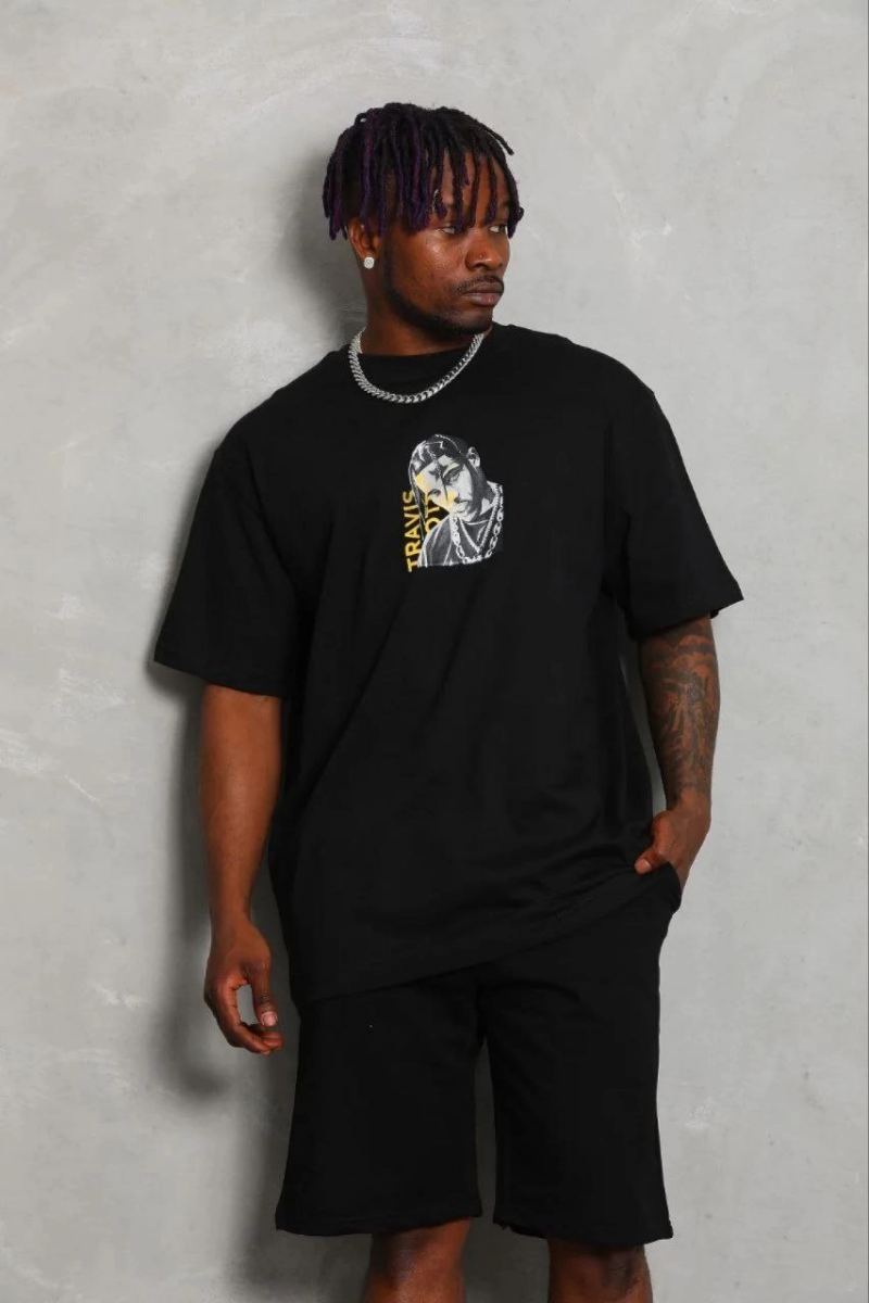 Erkek Baskılı T-Shirt Kısa Kol Bisiklet Yaka Regular Fit Tişört - Siyah