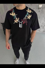 Erkek Baskılı T-Shirt Kısa Kol Bisiklet Yaka Regular Fit Rahat Tişört - Siyah