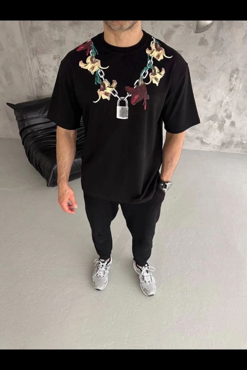 Erkek Baskılı T-Shirt Kısa Kol Bisiklet Yaka Regular Fit Rahat Tişört - Siyah