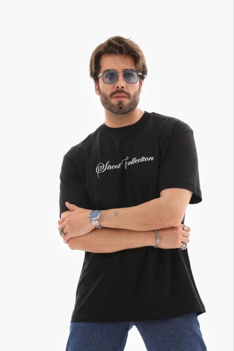 Erkek Baskılı T-Shirt Kısa Kol Bisiklet Yaka Regular Fit Tişört - Siyah
