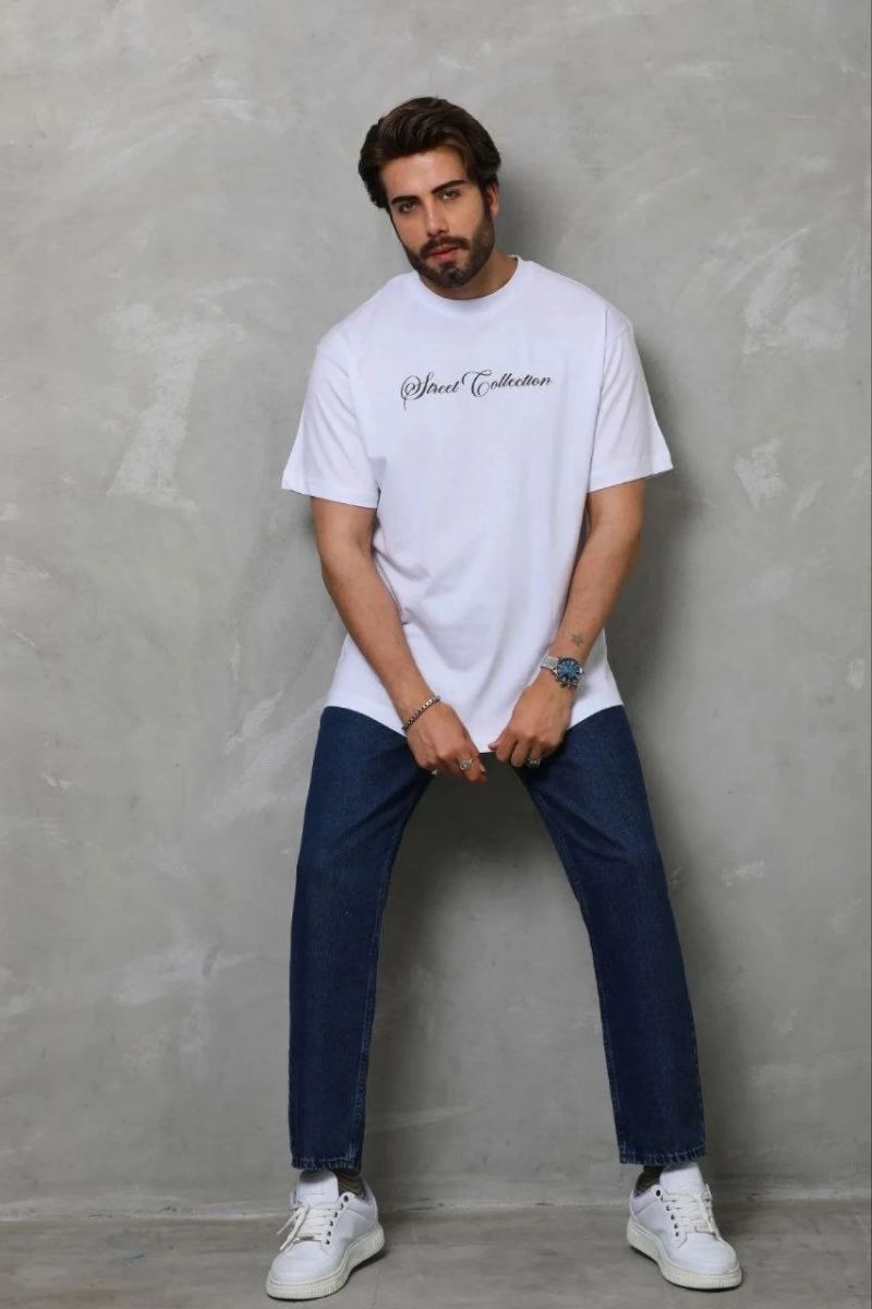 Erkek Baskılı T-Shirt Kısa Kol Bisiklet Yaka Regular Fit Tişört - Beyaz