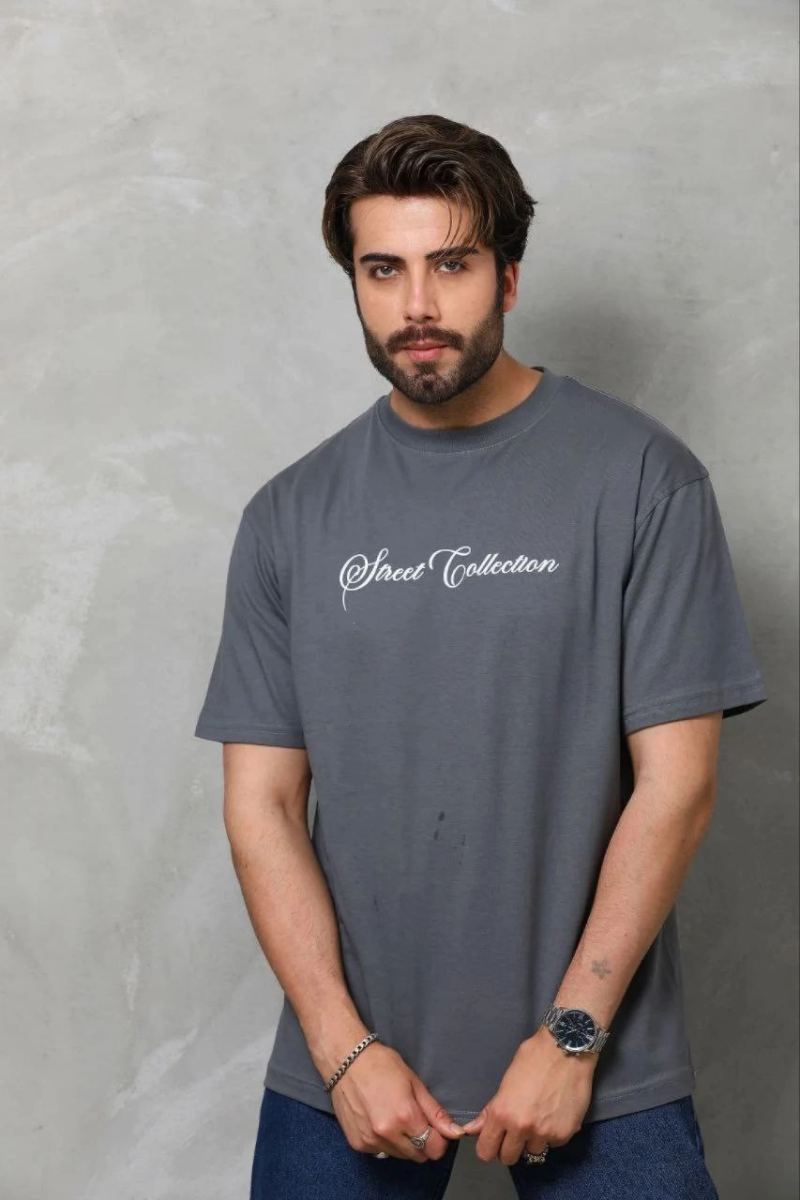 Erkek Baskılı T-Shirt Kısa Kol Bisiklet Yaka Regular Fit Tişört - Füme