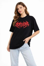 Kadın Kısa Kol Yazlık Tişört Bisiklet Yaka Baskılı Oversize T-Shirt -  Siyah