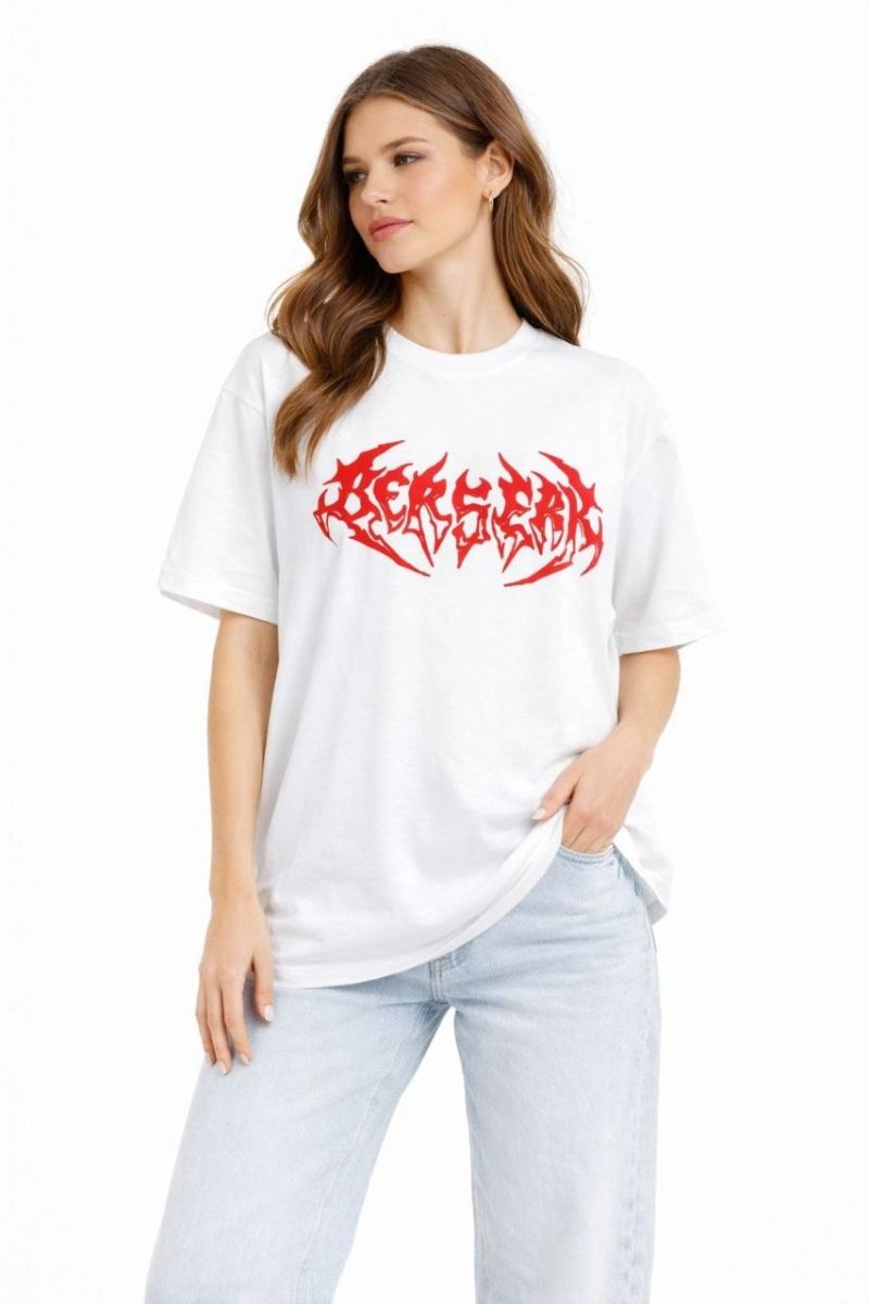 Kadın Kısa Kol Yazlık Tişört Bisiklet Yaka Baskılı Oversize T-Shirt - Beyaz