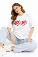 Kadın Kısa Kol Yazlık Tişört Bisiklet Yaka Baskılı Oversize T-Shirt - Beyaz