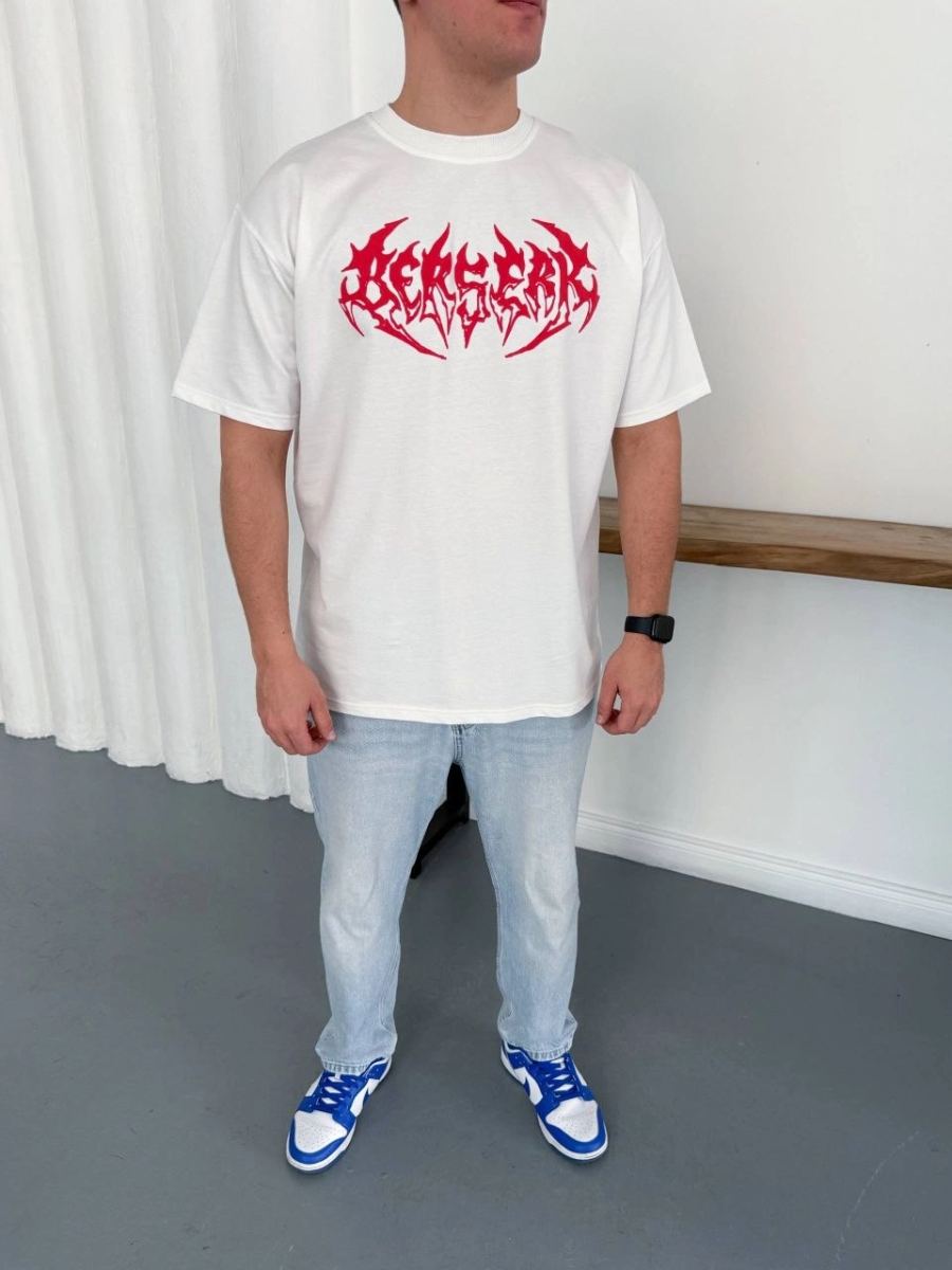 Erkek Kısa Kol Yazlık Tişört Bisiklet Yaka Baskılı Oversize T-Shirt - Beyaz