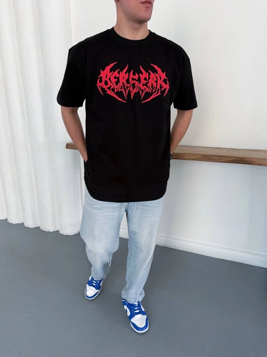Erkek Kısa Kol Yazlık Tişört Bisiklet Yaka Baskılı Oversize T-Shirt - Siyah