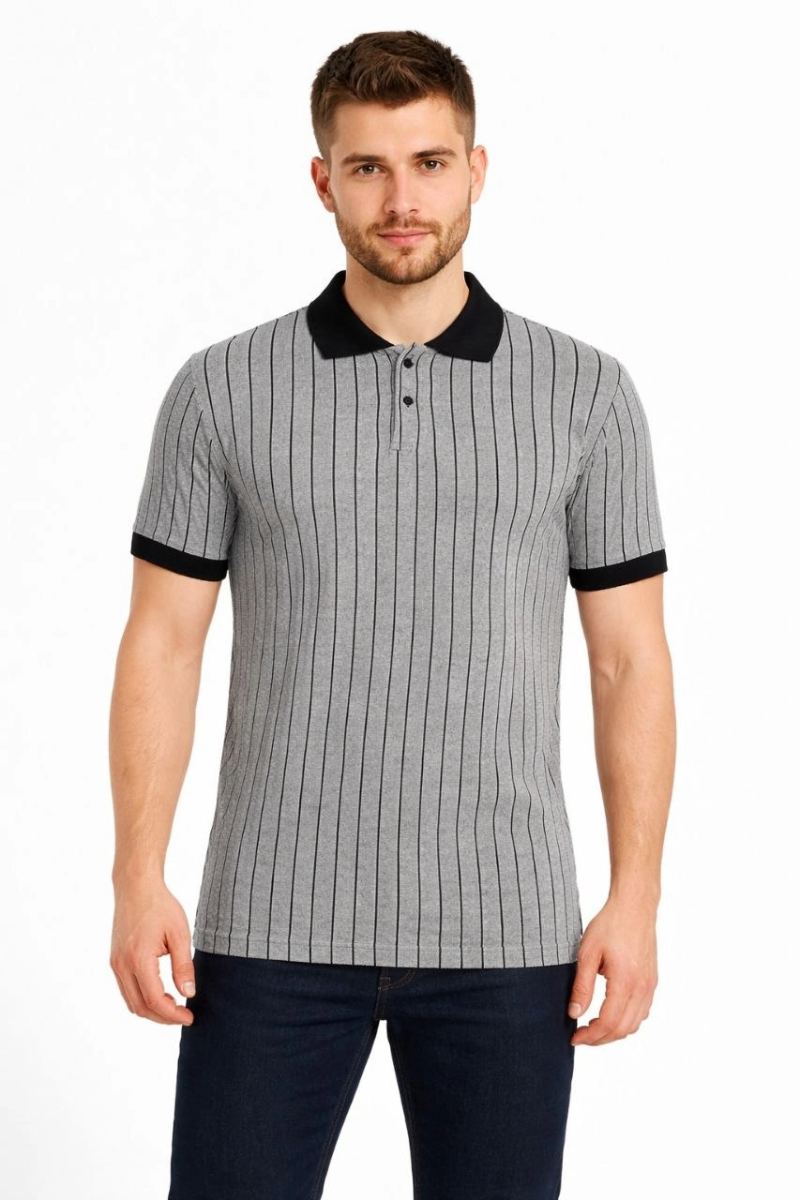 Erkek Polo Yaka Çizgili Tişört Kısa Kol Düğmeli Yazlık T-Shirt - Gri
