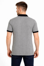 Erkek Polo Yaka Çizgili Tişört Kısa Kol Düğmeli Yazlık T-Shirt - Gri