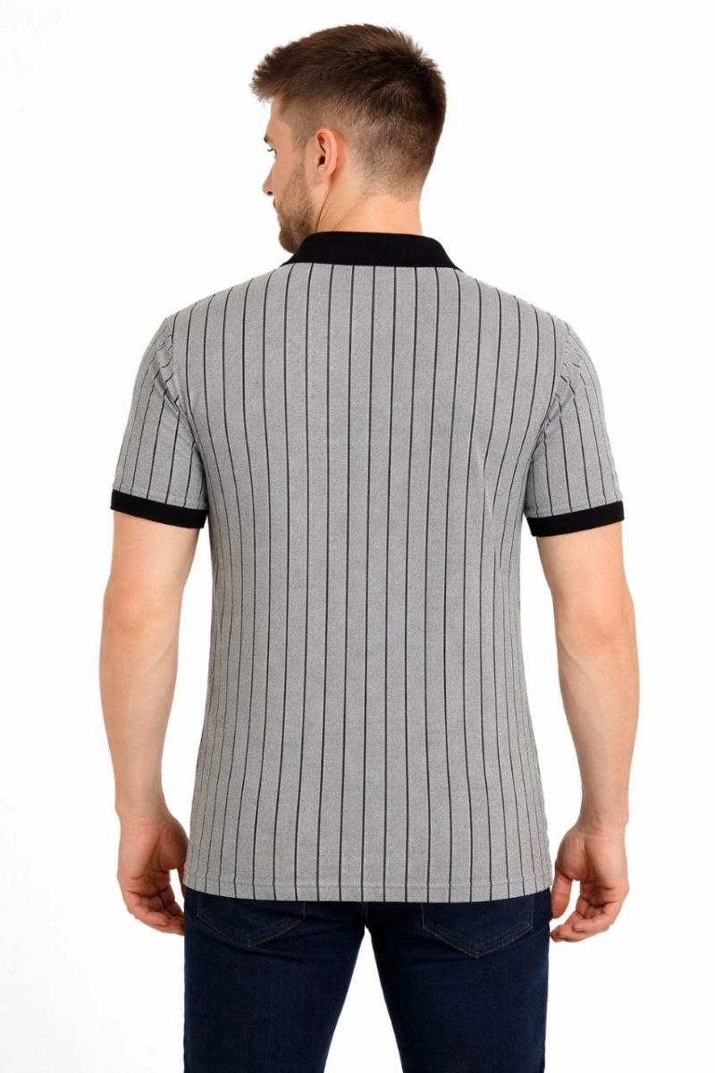 Erkek Polo Yaka Çizgili Tişört Kısa Kol Düğmeli Yazlık T-Shirt - Gri