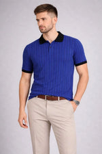 Erkek Polo Yaka Çizgili Tişört Kısa Kol Düğmeli Yazlık T-Shirt - Saks Mavisi