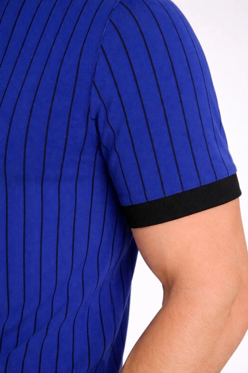 Erkek Polo Yaka Çizgili Tişört Kısa Kol Düğmeli Yazlık T-Shirt - Saks Mavisi