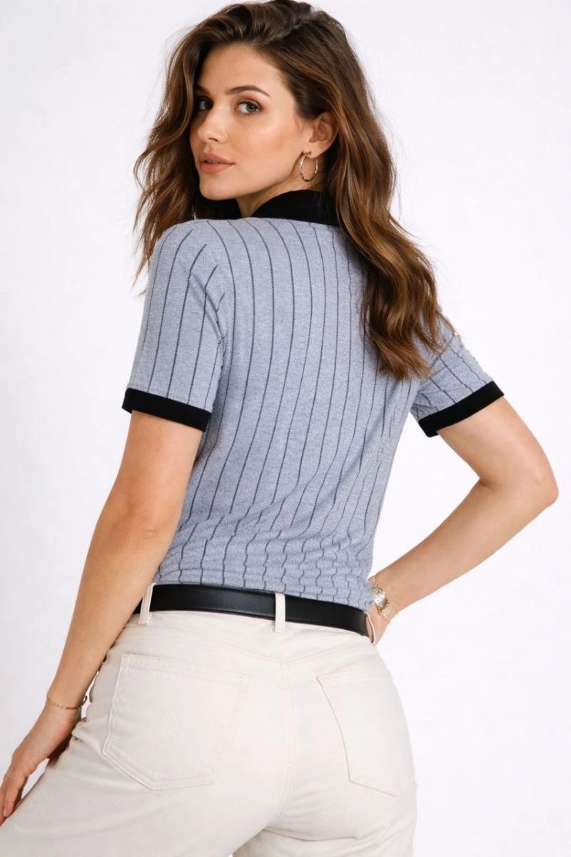Kadın Polo Yaka Çizgili Tişört Kısa Kol Düğmeli Yazlık T-Shirt - Bebek Mavisi