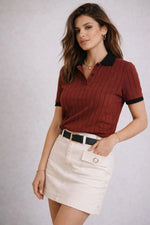 Kadın Polo Yaka Çizgili Tişört Kısa Kol Düğmeli Yazlık T-Shirt - Bordo