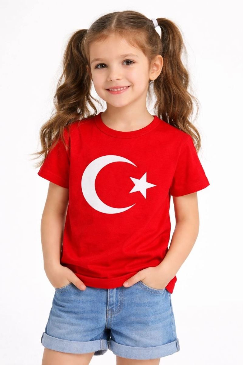 Kız Çocuk Tişört Bisiklet Yaka Ay Yıldız Bayrak Baskılı T-Shirt - Kırmızı