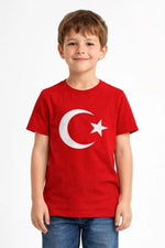 Erkek Çocuk Tişört Bisiklet Yaka Ay Yıldız Bayrak Baskılı T-Shirt - Kırmızı