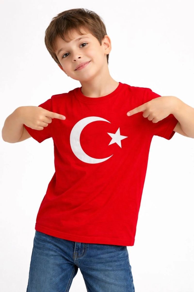 Erkek Çocuk Tişört Bisiklet Yaka Ay Yıldız Bayrak Baskılı T-Shirt - Kırmızı