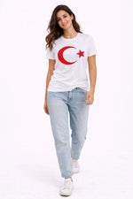 Kadın T-Shirt Kısa Kol Bisiklet Yaka Ay Yıldız Bayrak Baskılı Tişört - Beyaz