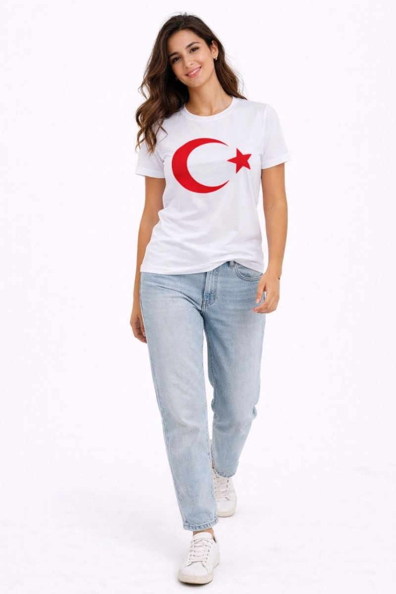 Kadın T-Shirt Kısa Kol Bisiklet Yaka Ay Yıldız Bayrak Baskılı Tişört - Beyaz