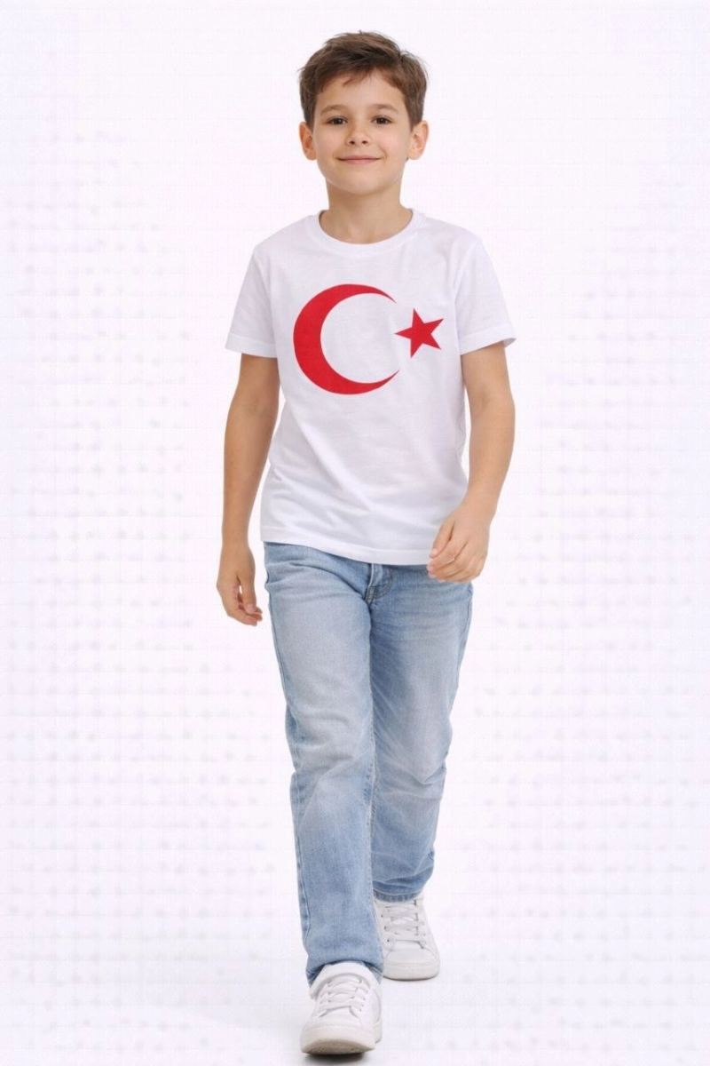 Erkek Çocuk Tişört Bisiklet Yaka Ay Yıldız Bayrak Baskılı T-Shirt - Beyaz