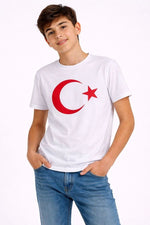 Erkek Çocuk Tişört Bisiklet Yaka Ay Yıldız Bayrak Baskılı T-Shirt - Beyaz