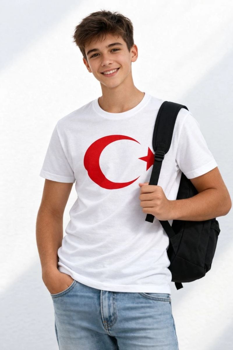 Erkek Çocuk Tişört Bisiklet Yaka Ay Yıldız Bayrak Baskılı T-Shirt - Beyaz