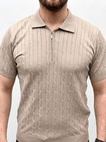 Erkek Yazlık Triko Saç Örgü Tişört Kısa Kol Polo Yaka Fermuarlı T-Shirt - Bej