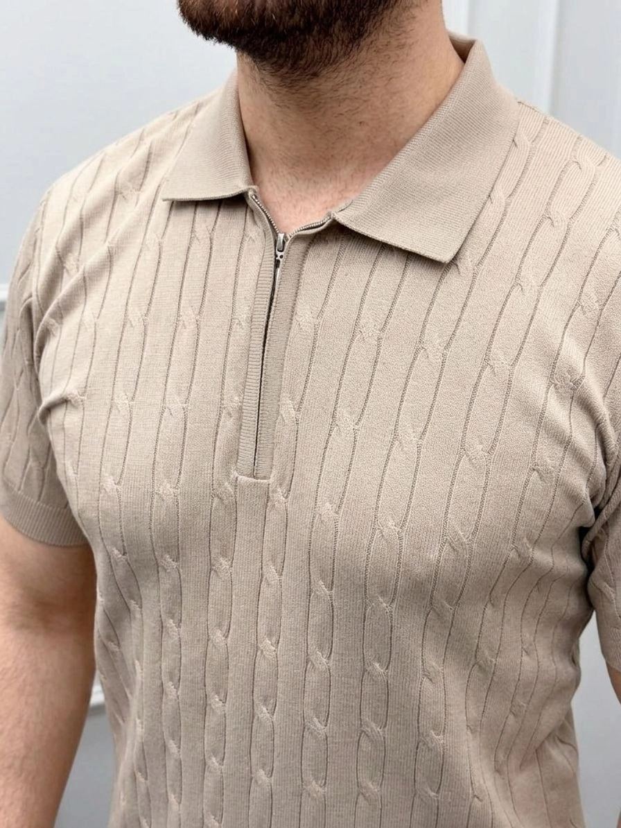 Erkek Yazlık Triko Saç Örgü Tişört Kısa Kol Polo Yaka Fermuarlı T-Shirt - Bej