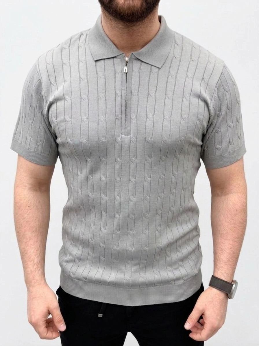 Erkek Yazlık Triko Saç Örgü Tişört Kısa Kol Polo Yaka Fermuarlı T-Shirt - Gri