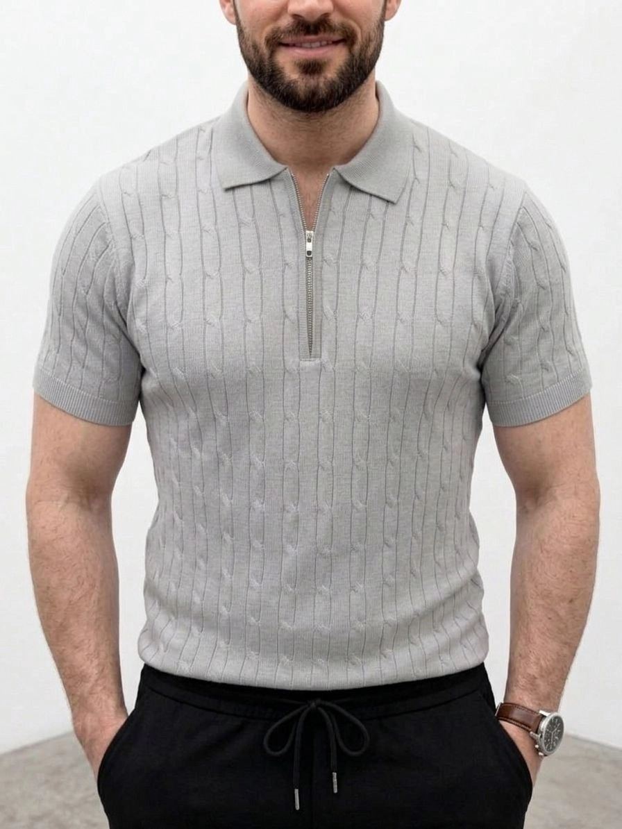 Erkek Yazlık Triko Saç Örgü Tişört Kısa Kol Polo Yaka Fermuarlı T-Shirt - Gri