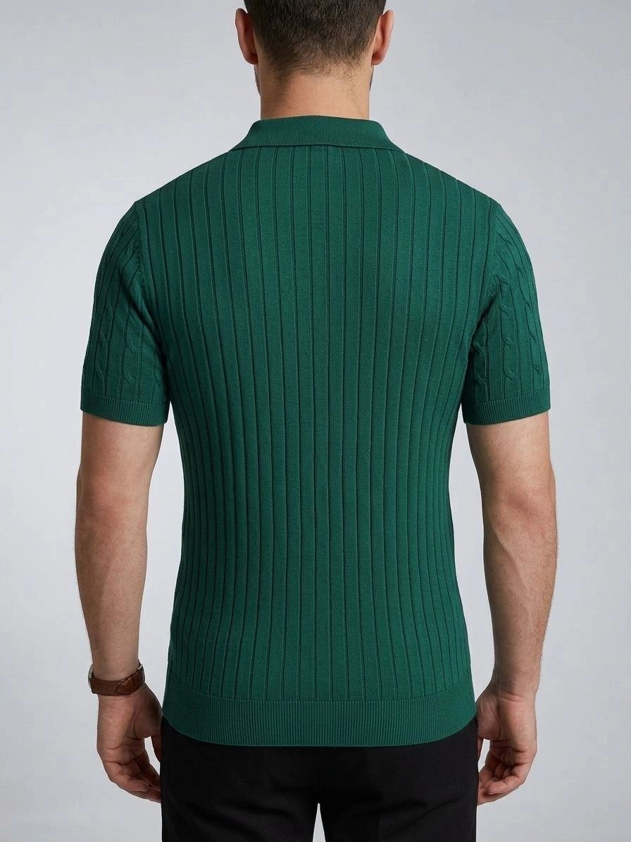 Erkek Yazlık Triko Saç Örgü Tişört Kısa Kol Polo Yaka Fermuarlı T-Shirt - Haki