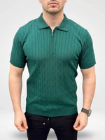 Erkek Yazlık Triko Saç Örgü Tişört Kısa Kol Polo Yaka Fermuarlı T-Shirt - Haki