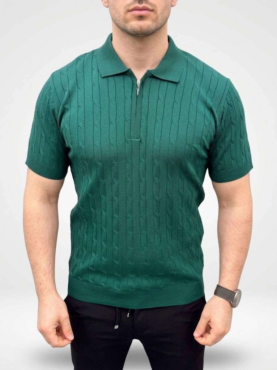 Erkek Yazlık Triko Saç Örgü Tişört Kısa Kol Polo Yaka Fermuarlı T-Shirt - Haki