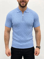 Erkek Yazlık Triko Saç Örgü Tişört Kısa Kol Polo Yaka Fermuarlı T-Shirt - Bebe Mavisi