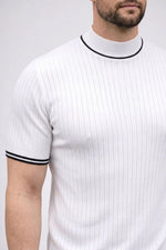 Erkek Fitilli Triko Dokuma Kısa Kol Tişört Yarım Boğaz Modern Yazlık T-Shirt - Beyaz