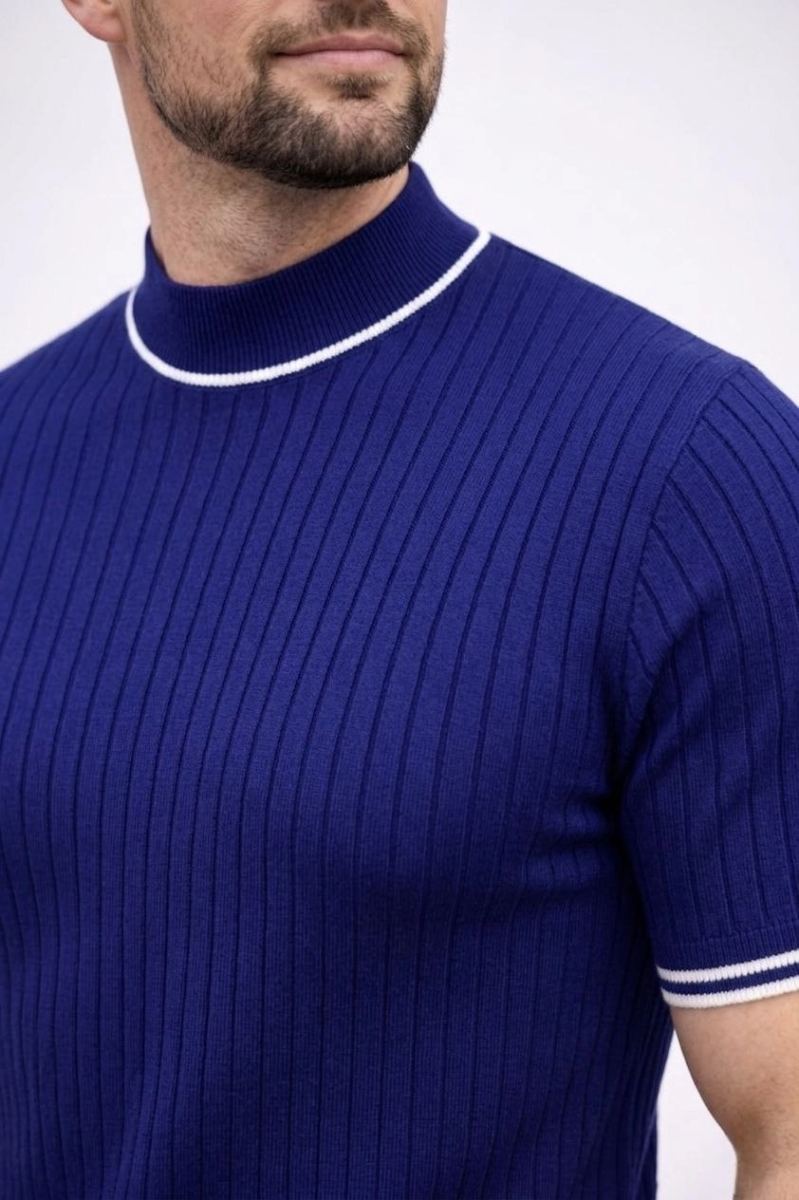Erkek Fitilli Triko Dokuma Kısa Kol Tişört Yarım Boğaz Modern Yazlık T-Shirt - Lacivert