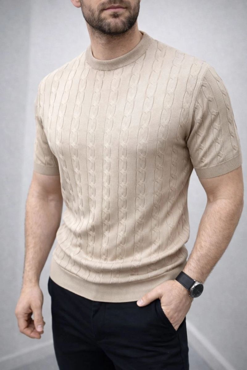 Erkek Yazlık Triko Dokuma Tişört Kısa Kol Bisiklet Yaka Örgü Desenli T-Shirt - Bej