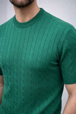 Erkek Yazlık Triko Dokuma Tişört Kısa Kol Bisiklet Yaka Örgü Desenli T-Shirt - Haki