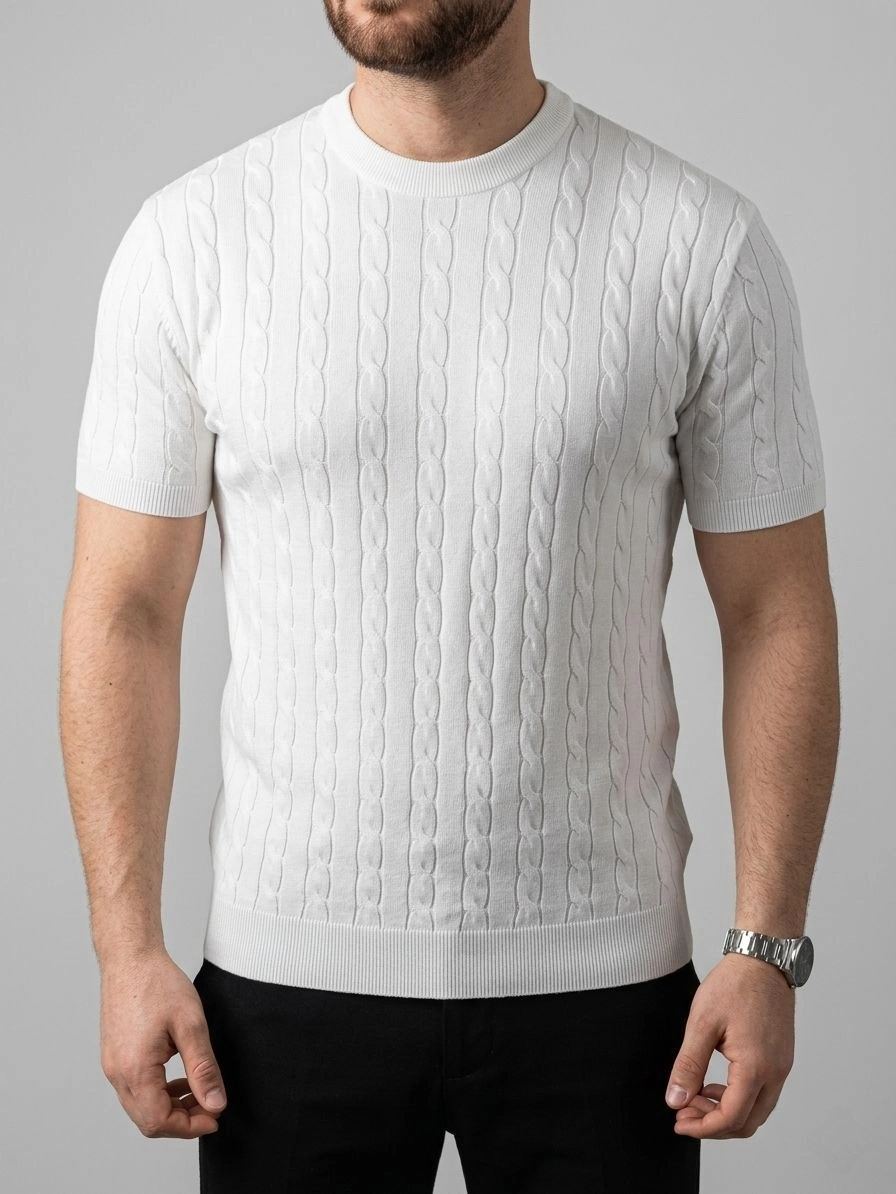 Erkek Yazlık Triko Dokuma Tişört Kısa Kol Bisiklet Yaka Örgü Desenli T-Shirt - Beyaz