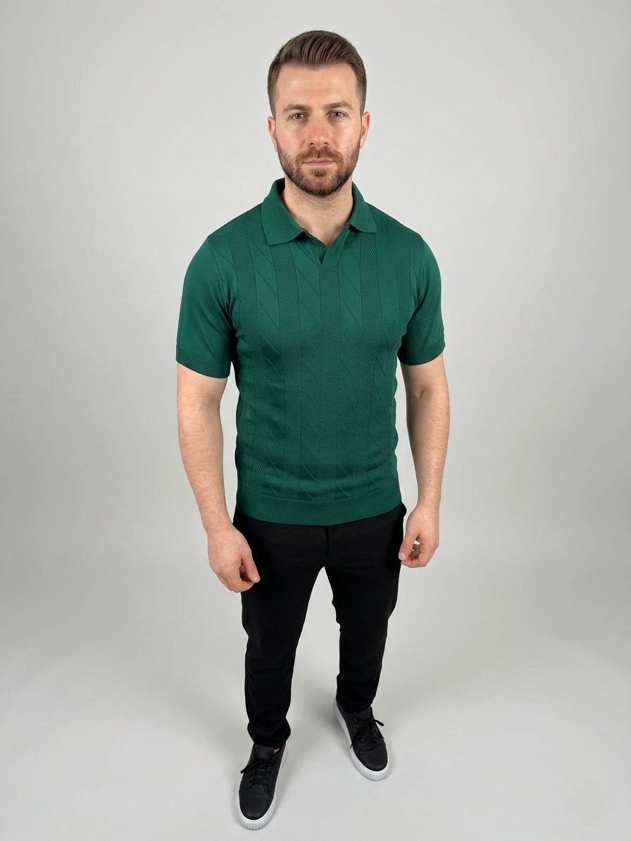 Erkek Yazlık Triko Dokuma Tişört Kısa Kol Polo Yaka T-Shirt - Koyu Yeşil