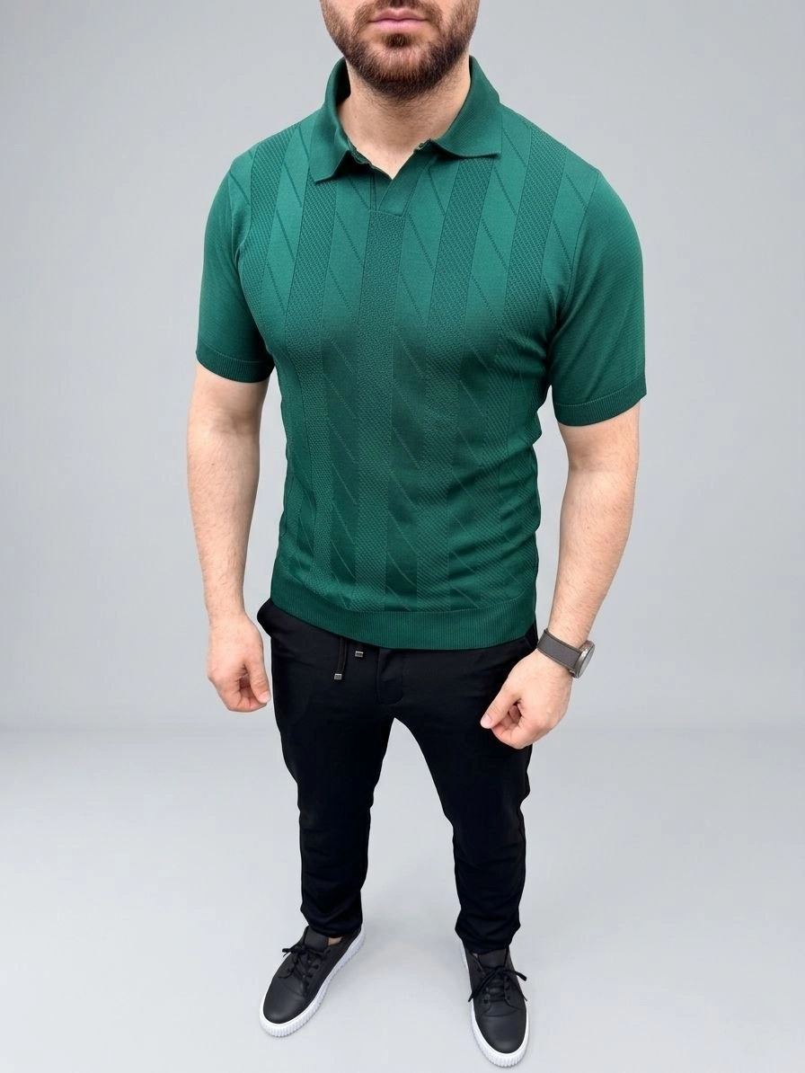 Erkek Yazlık Triko Dokuma Tişört Kısa Kol Polo Yaka T-Shirt - Koyu Yeşil