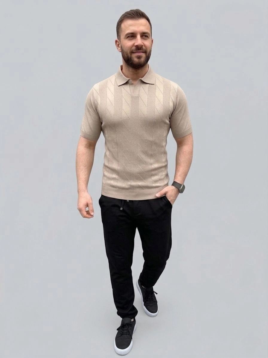 Erkek Yazlık Triko Dokuma Tişört Kısa Kol Polo Yaka T-Shirt - Bej