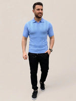 Erkek Yazlık Triko Dokuma Tişört Kısa Kol Polo Yaka T-Shirt - Bebek Mavisi